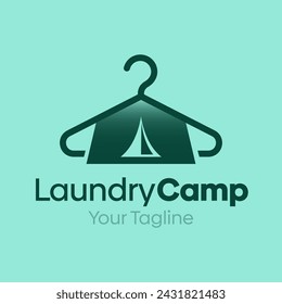 Laundry Camp Logo Vector Illustration. Template Design Idea Combining Tent Camp and Fashion Hanger Shape