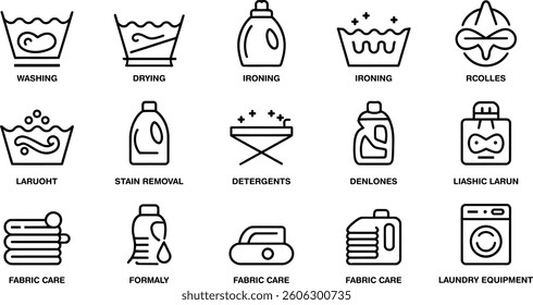 Laundry Care Icon Set | Washing, Drying, Ironing, Stain Removal and Fabric Care Vector Symbols