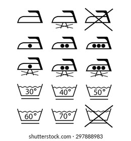 Laundry care and ironing symbols vector illustration. Laundry care label. Ironing and washing instruction