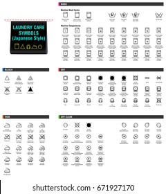 Laundry Care Symbols. Japanese Style. Vector Label Washing Instructions Flat Icons. Washing, Bleaching, Drying, Ironing, Dry Cleaning.