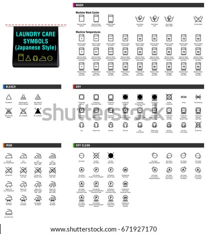 Laundry Care Symbols. Japanese Style. Vector Label Washing Instructions Flat Icons. Washing, Bleaching, Drying, Ironing, Dry Cleaning.