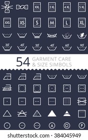 Laundry care symbols. Set of textile care icons. Wash and care signs of textile garment. Clothes sizes - size L, size M, size S, size XS, size XL