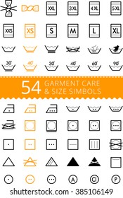 Laundry care symbols. Set of textile care icons. Wash and care signs of textile garment. Sizes - size L, size M, size S, size XS, size XL