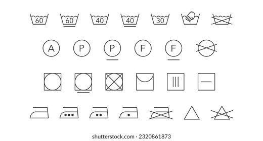 Laundry care symbols set. Washing black line icon. Isolated vector illustration