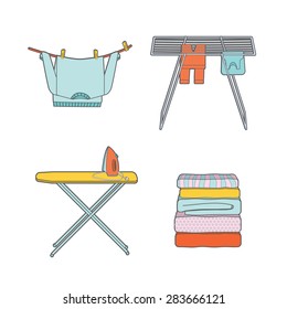Laundry care: washing, drying, ironing, storage. Icons: sweater  on clothesline, laundry on dryer, ironing board, pile of clean laundry. Vector easily editable illustration on a white background.