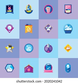 laundry cartoon badges icon set