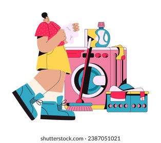 Laundry cartoon character. Cleaning, washing clothes. A woman washes dirty clothes in a washing machine. Retro doodle illustration on white background