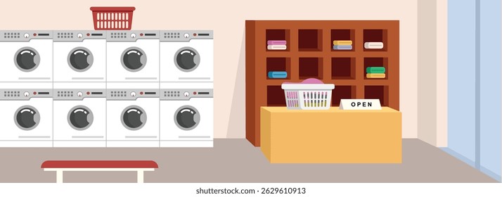 Caixa de lavanderia. Lavanderia. Loja de lavandaria. Prateleira de roupas. Máquina de lavar. Secador. Máquina automática. Roupas de cesta.