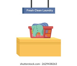 Laundry cashier. Laundry shop. Basket clothes. 