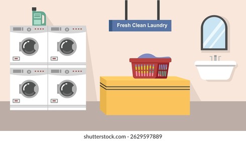 Laundry cashier. Wash basin. Wash machine. Laundry basket. Detergent. Mirror.