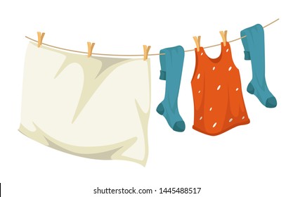 Laundry clean linen on drying line with pins vector clothes towel and sock household chore and housekeeping housework clothing washing stocking dry textile or fabric laundromat service isolated object