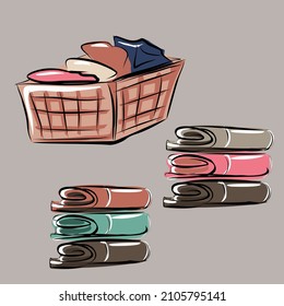 Laundry, clean linen, towels. Bathroom. Hygiene, washing and beauty items. Isolated vector objects
