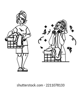 laundry clean woman line pencil drawing vector. happy smell home, young housewife, fresh household basket laundry clean woman character. people Illustration