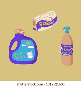 Laundry and cleaning bottle and box, soap, soften and spray for clean