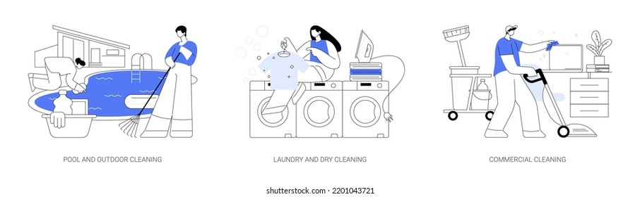 Laundry and cleaning facilities abstract concept vector illustration set. Pool and outdoor cleanup, laundry and dry cleaning, office maintenance, power washing, patio polishing abstract metaphor.