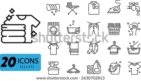 Laundry and Cleaning Icon Set: 20 Outline Vector Illustrations for Garment Care