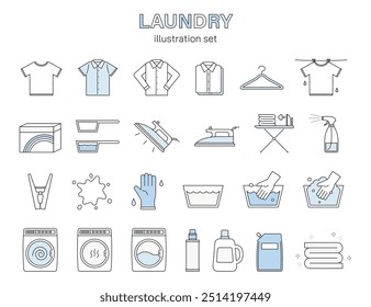 Laundry, cleaning, icon set, line drawing, shirt, laundry, iron, hand washing, housework, life, light blue, color