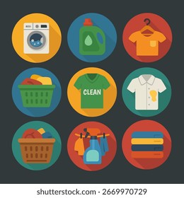 Laundry and Cleaning Icons Set, Flat Style Vector Illustration