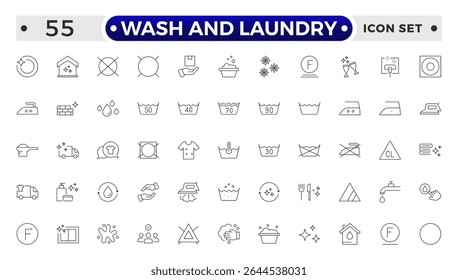 Laundry and Cleaning Outline Icon Set – Clothes, Washing, Care, and Symbols.
