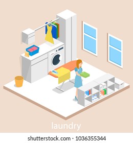 Laundry or cleaning room with washing machine and iron isometric 3D vector illustration