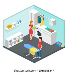 Laundry or cleaning room with washing machine and iron isometric 3D vector illustration