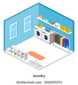 Laundry or cleaning room with washing machine and iron isometric 3D vector illustration