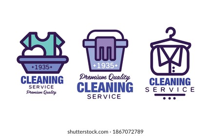 Plantilla de logotipo del servicio de limpieza de ropa con colgador de ropa y conjunto de vectores de cuenca