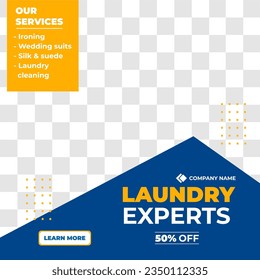 Laundry cleaning service social media post template. Laundry service promotional web banner design. Cloth wash business advertisement template vector. Laundry social media post design.