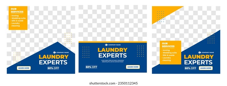 Laundry cleaning service social media post template. Laundry service promotional web banner design. Cloth wash business advertisement template vector. Laundry social media post design.