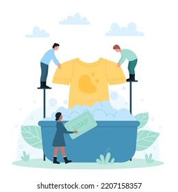 Laundry cleaning service with tiny people. Cartoon man and woman holding dirty shirt and soap to wash clothes over basin with foam, washing process flat vector illustration. Housework concept