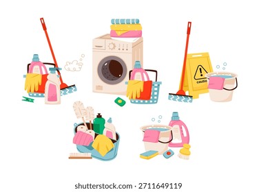 Herramientas de lavandería y limpieza en estilo de dibujos animados. Artículos de limpieza del hogar, incluyendo lavadora, detergente, fregona, cubo, esponjas, guantes y señal de precaución.