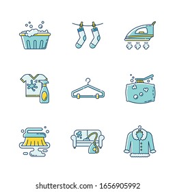 Laundry and cleanup service blue and yellow RGB color icons set. Handwash, stain removal and outdoor drying, fabric ironing. Fur, furniture and pillow dry cleaning. Isolated vector illustrations