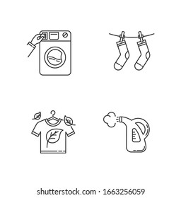Laundry and cleanup service pixel perfect linear icons set. Handwash, outdoor drying, fabric ironing. Customizable thin line contour symbols. Isolated vector outline illustrations. Editable stroke
