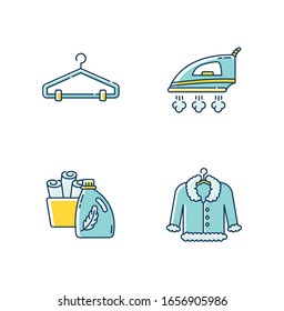Laundry, clothes care blue and yellow RGB color icons set. Delicate fur dry cleaning and ironing. Fabric softener and clean towels basin, hangers and outerwear. Isolated vector illustrations