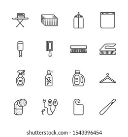 Laundry, clothes care flat line icons set. Lint roller, storage basket, detergent, anti static spray, shoehorn vector illustrations. Outline signs household store. Pixel perfect Editable Stroke.