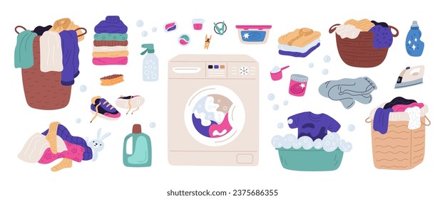 Laundry clothes. Dirty and clean clothing piles. Washing machine. Household chores. Jeans and sweaters stacks. Baskets with garments. Hand wash pelvis. Detergent bottle