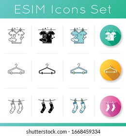 Laundry and clothes drying service icons set. Hanger and clothesline, clean socks and t-shirt, washed garment outdoor drying. Linear, black and RGB color styles. Isolated vector illustrations