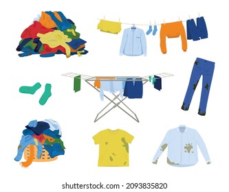 Laundry clothes flat set with isolated icons of hanging drying dirty clothes piles spots on shirts vector illustration