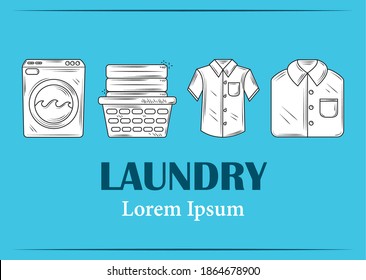 laundry clothes shirt basket and appliance machine blue background vector illustration line style