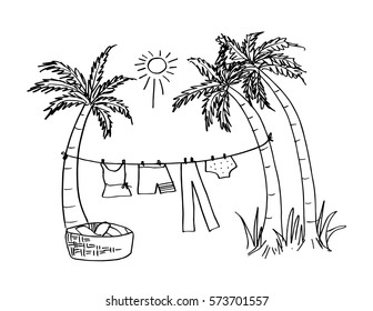  Laundry and  coconut tree. Hand drawing illustration