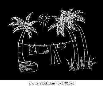  Laundry and  coconut tree. Hand drawing illustration