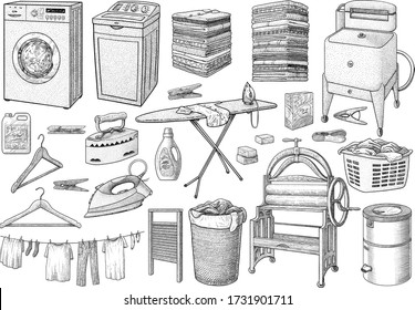 Laundry collection, equipment, illustration, drawing, engraving, ink, line art, vector