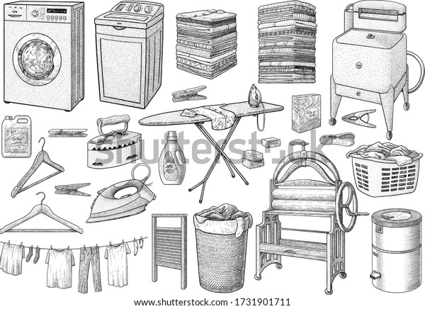 Laundry collection, equipment, illustration,\
drawing, engraving, ink, line art,\
vector