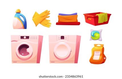 Laundry Collection: Washing Machine, Tumble Dryer, Detergent Bottle, Washing Powder, Rubber Gloves, Laundry Basket, Washing Capsule Pod, Stack of Clean Clothes. Vector Illustration in Cartoon Style.