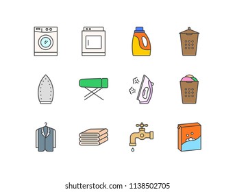 Laundry colored line icons set with wading machine, detergent, basket, iron, ironing board, set cleaning, towels, faucet.
