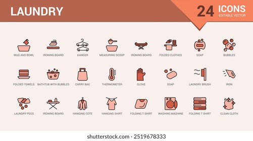 Laundry colorful icons set. Clothes instructions on labels, machine or hand washing icon pack. Color icon for web and ui. Icon names are written in English.