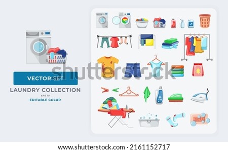 Laundry component collections. Dirty and clean clothes flat vector illustrations set. Pile of washed clothing, apparel with stains in basket. Dirty t shirt, ironing clothes, hangers, socks, soap set. 