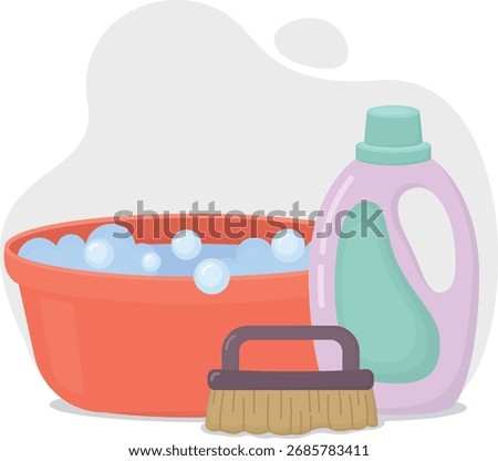 Laundry composition of plastic basin with foam, laundry gel bottle and scrubbing brush. Illustration of domestic routines objects