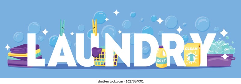 Laundry composition with text surrounded by foam soap bubbles detergents and clothes in basket with pegs vector illustration