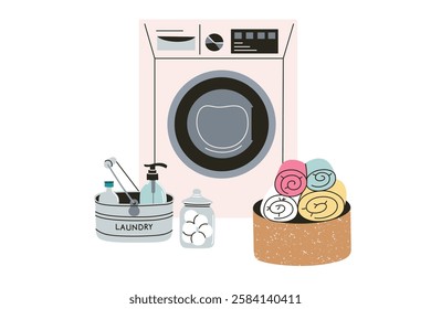 Laundry composition with washing machine, vector illustration of basket with rolled up towels, laundry balls in jar, and container with laundry detergent and cleaning products. Flat cartoon doodles